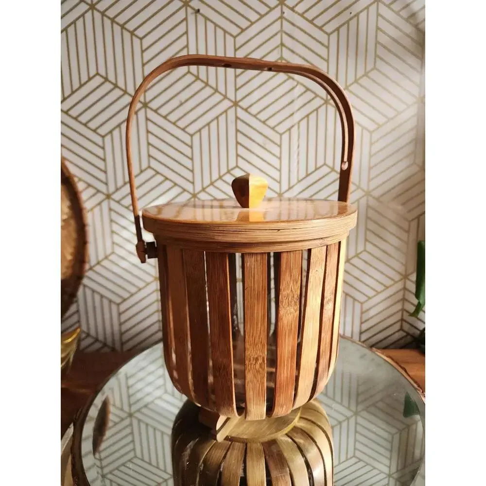 Vintage Bamboo And Glass Ice Bucket With Lid